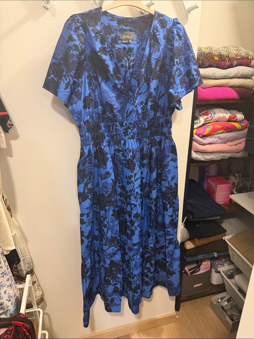 Anthropologie Blue Floral Maxi Dress with Black Print